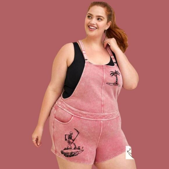 TORRID Plus Size Mauve Wash  Shortfall French Terry Surf Skulls Short Overalls - Picture 7 of 16